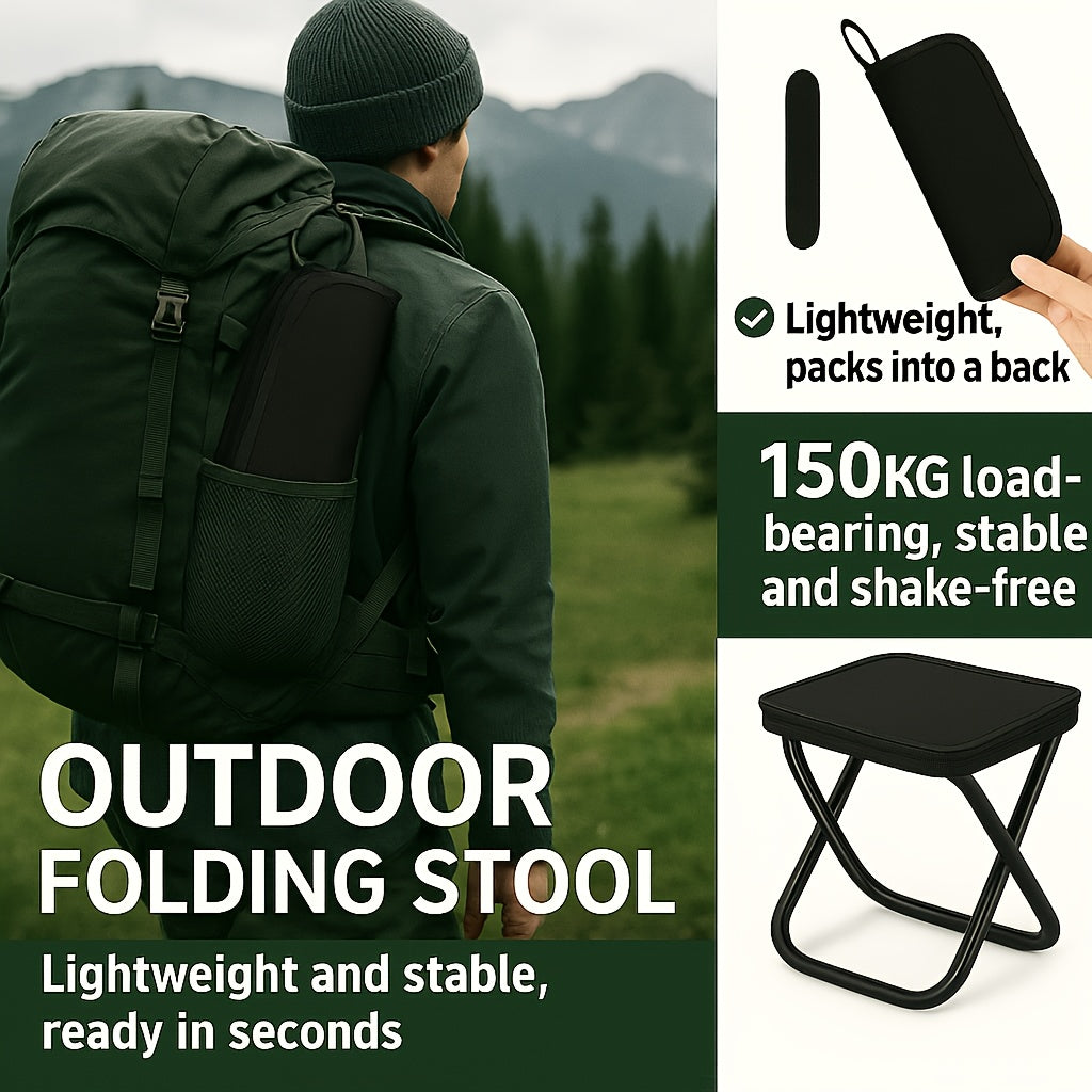 Outdoor One-Second Quick-Open Lightweight Folding Stool | 150KG High Load-Bearing | Portable Camping Chair, Picnic & Fishing Seat | Sturdy & Stable, Packable into Backpack | Essential for Travel