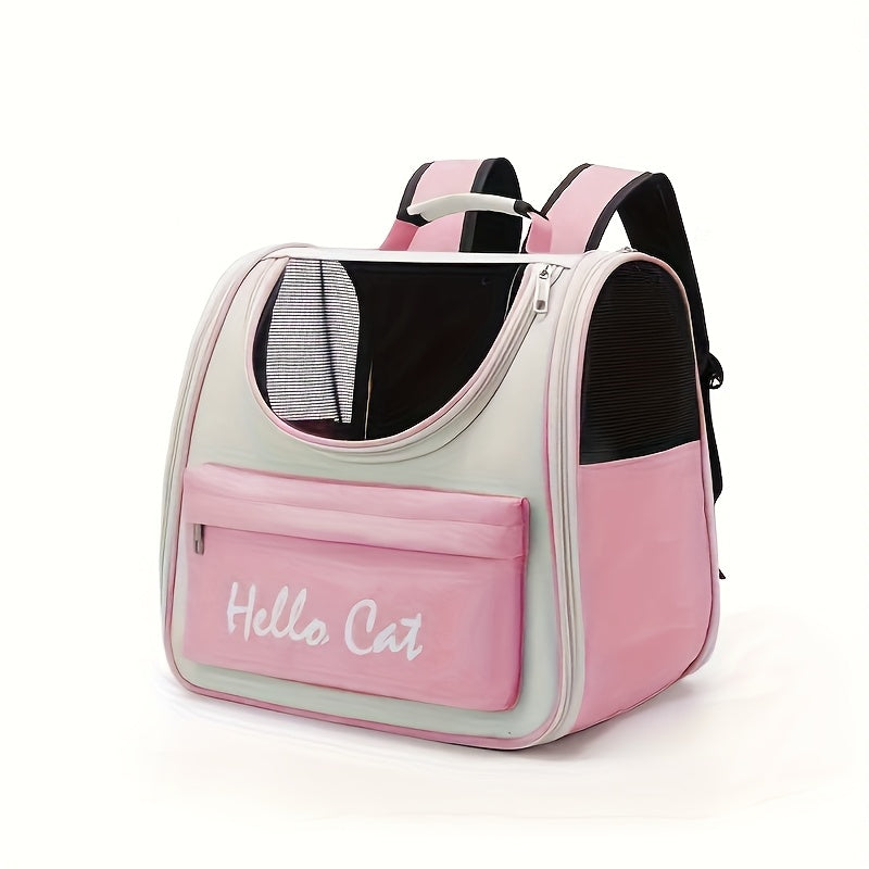 Hello Cat Nylon Pet Backpack, Large Capacity Foldable Travel Carrier with Zipper Closure, Easy Access for Cats and Small Dogs, Pet Travel Bag with Handle for Puppies and Kittens(PINK)