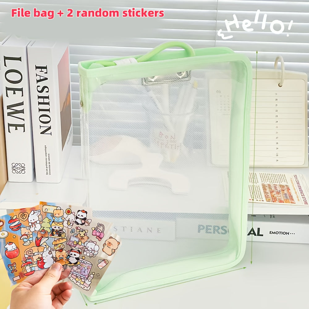 Macaron Candy Student File Bag + PET Animal Stickers - Hand-Carry Large Capacity Waterproof A4 Zipper Transparent Exam Paper & Textbook Storage Bag, Folder（blue）