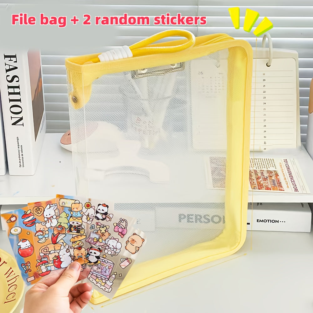Macaron Candy Student File Bag + PET Animal Stickers - Hand-Carry Large Capacity Waterproof A4 Zipper Transparent Exam Paper &amp; Textbook Storage Bag, Folder（yellow）