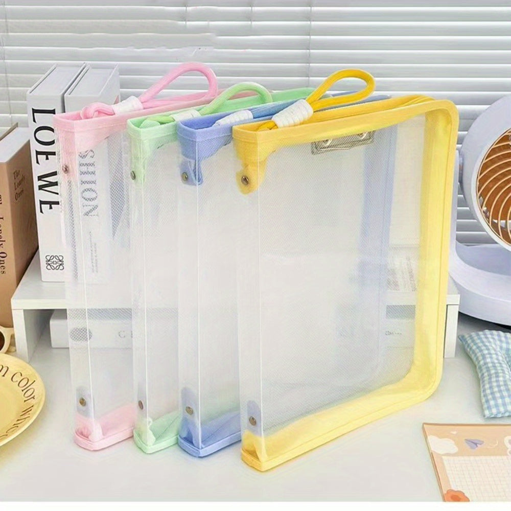 Macaron Candy Student File Bag + PET Animal Stickers - Hand-Carry Large Capacity Waterproof A4 Zipper Transparent Exam Paper & Textbook Storage Bag, Folder（yellow）