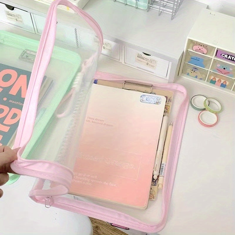 Macaron Candy Student File Bag + PET Animal Stickers - Hand-Carry Large Capacity Waterproof A4 Zipper Transparent Exam Paper & Textbook Storage Bag, Folder（yellow）