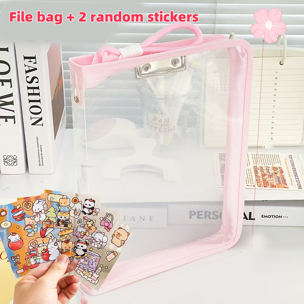 Macaron Candy Student File Bag + PET Animal Stickers - Hand-Carry Large Capacity Waterproof A4 Zipper Transparent Exam Paper & Textbook Storage Bag, Folder（green）
