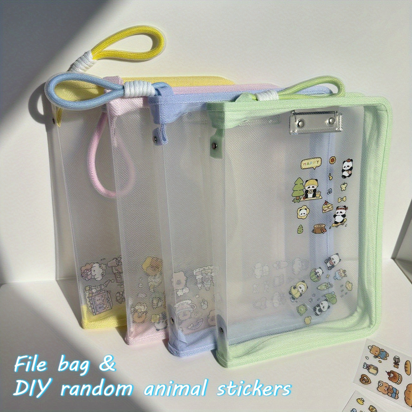 Macaron Candy Student File Bag + PET Animal Stickers - Hand-Carry Large Capacity Waterproof A4 Zipper Transparent Exam Paper & Textbook Storage Bag, Folder（green）