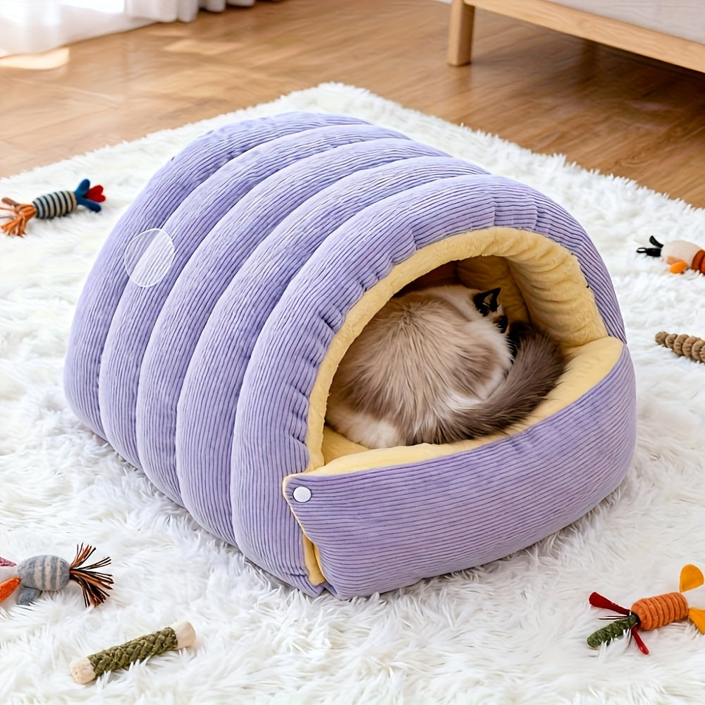 High-Elasticity Warm Cat Bed: 45×30×19cm Wrapped Design, Striped Fleece + Arctic Fleece Heat Retention, Removable & Washable（light GREEN）