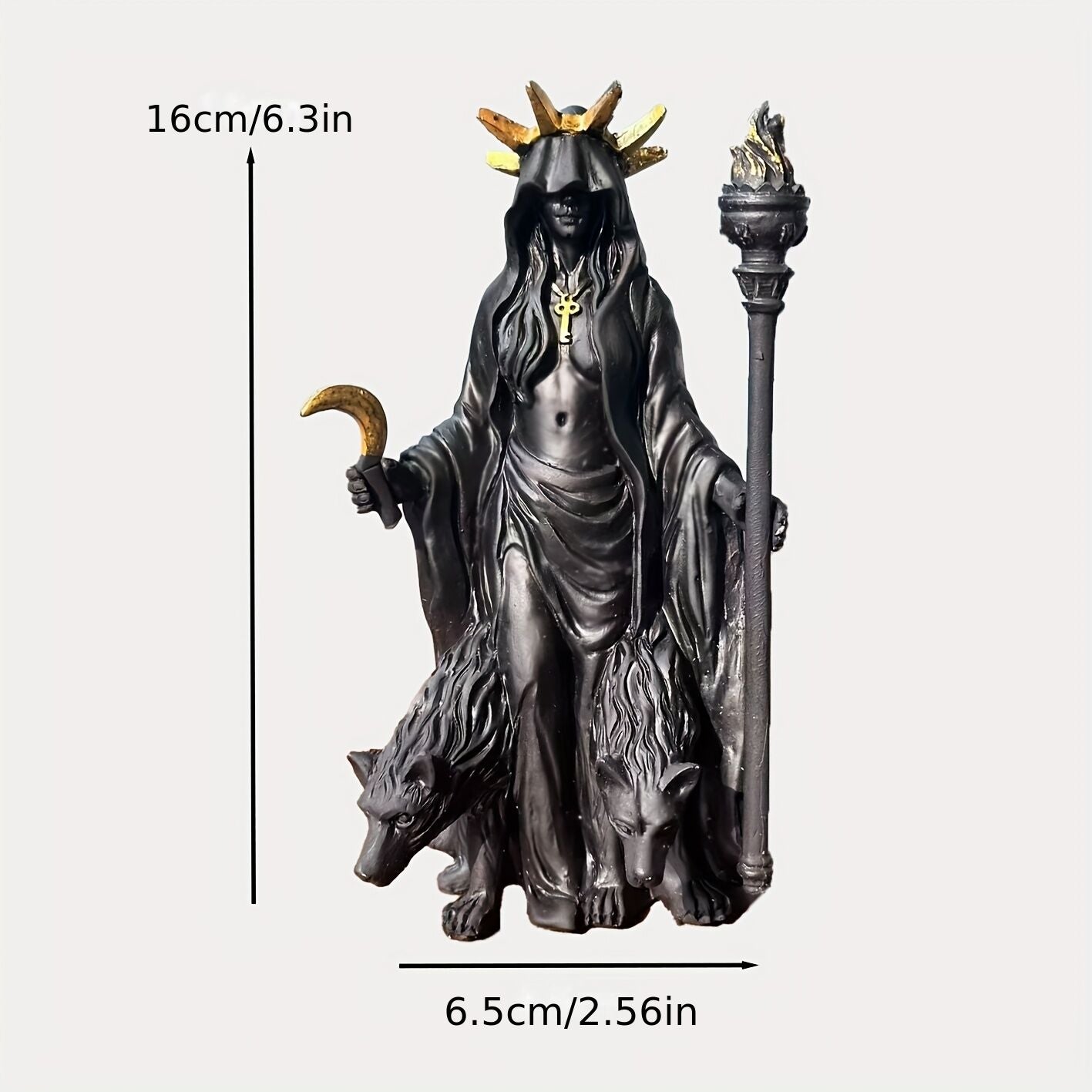 Dark Mystical Goddess Ornament — wearing a golden ray-like headdress, her face hidden beneath a dark robe, with a cross necklace adding to the mysterious aura. She holds a crescent moon prop in one hand and a flaming torch scepter tightly in the other.
