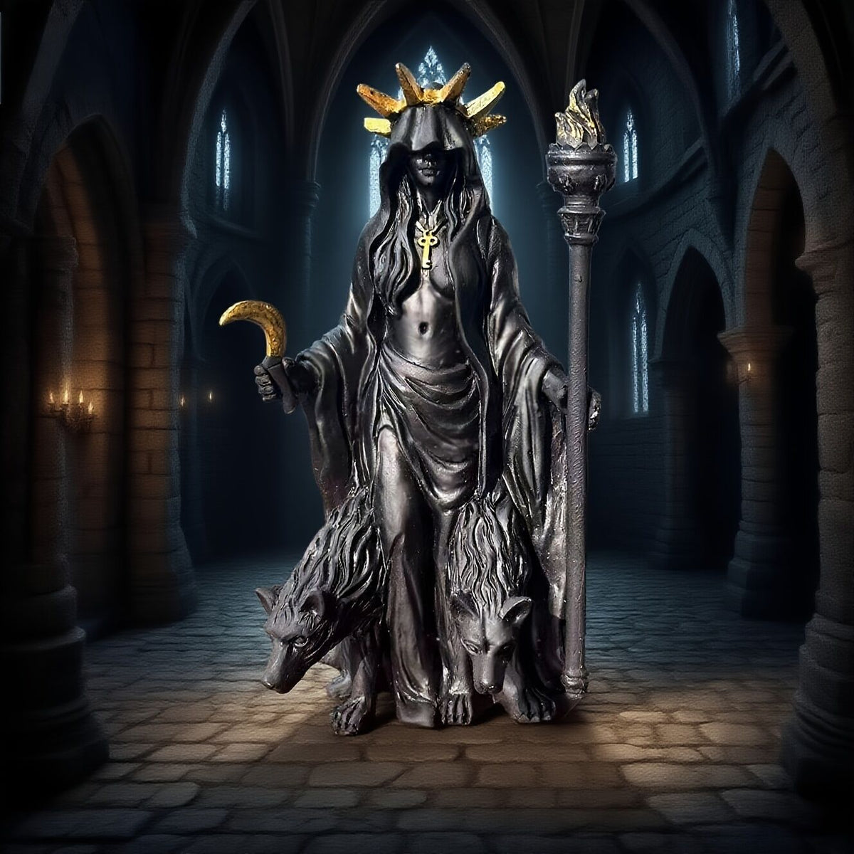 Dark Mystical Goddess Ornament — wearing a golden ray-like headdress, her face hidden beneath a dark robe, with a cross necklace adding to the mysterious aura. She holds a crescent moon prop in one hand and a flaming torch scepter tightly in the other.