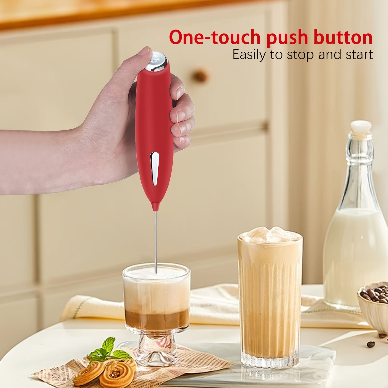 **Handheld Electric Frother | 10000 RPM Powerful Motor, One-Touch Start/Stop, Easily Froths, Mixes, and Blends – Your Kitchen Drink Essential Helper**RED