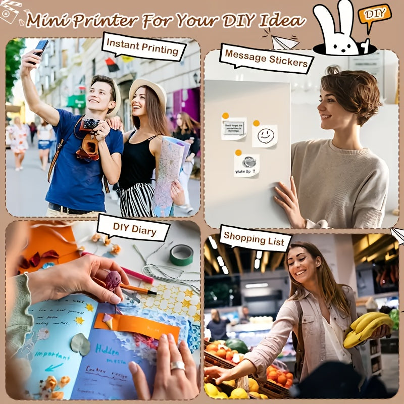 (Black）Inkless Sticker Printer Mini Thermal Printer with Roll Thermal Paper, Wireless Pocket Printer, Smart Portable Receipt Printer for Photos, Diaries, Notes, and Preparation Work.