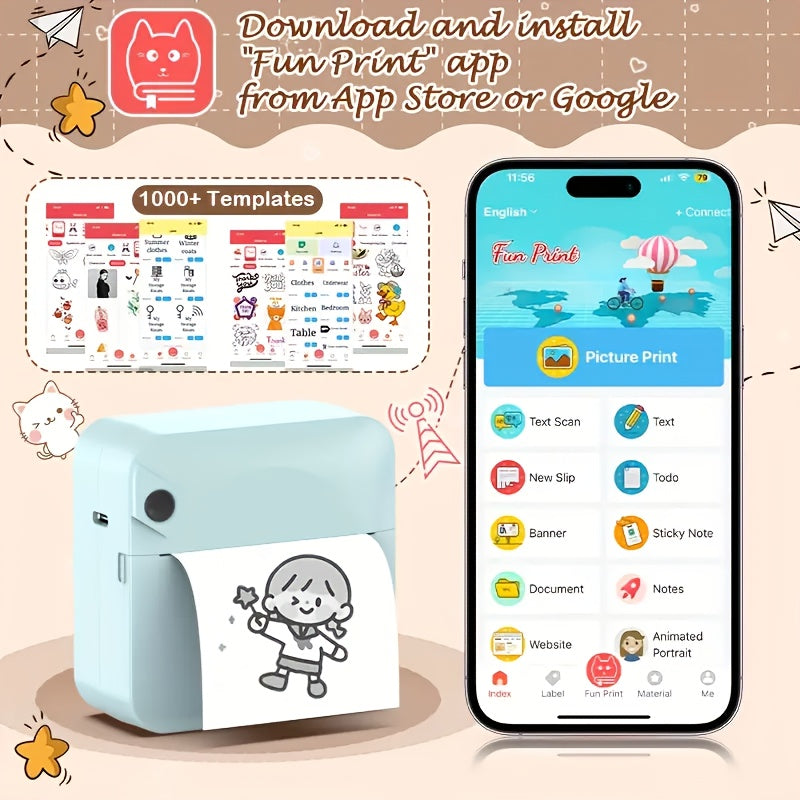 (Black）Inkless Sticker Printer Mini Thermal Printer with Roll Thermal Paper, Wireless Pocket Printer, Smart Portable Receipt Printer for Photos, Diaries, Notes, and Preparation Work.