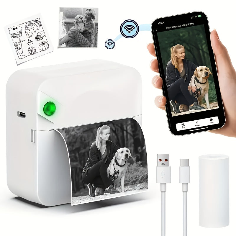 (Blue）Inkless Sticker Printer Mini Thermal Printer with Roll Thermal Paper, Wireless Pocket Printer, Smart Portable Receipt Printer for Photos, Diaries, Notes, and Preparation Work.