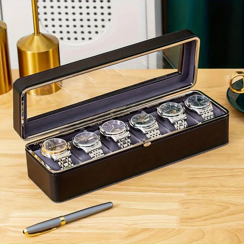 Luxury transparent-lid watch box with 6 fabric-lined compartments, portable and shockproof design, suitable for both men and women. Ideal for home, travel, or gifting—a refined storage solution for fine watches and jewelry. (White)