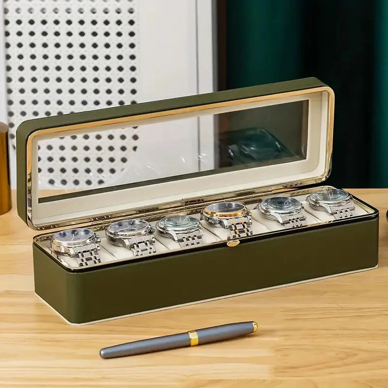 Luxury transparent-lid watch box with 6 fabric-lined compartments, portable and shockproof design, suitable for both men and women. Ideal for home, travel, or gifting—a refined storage solution for fine watches and jewelry. (White)