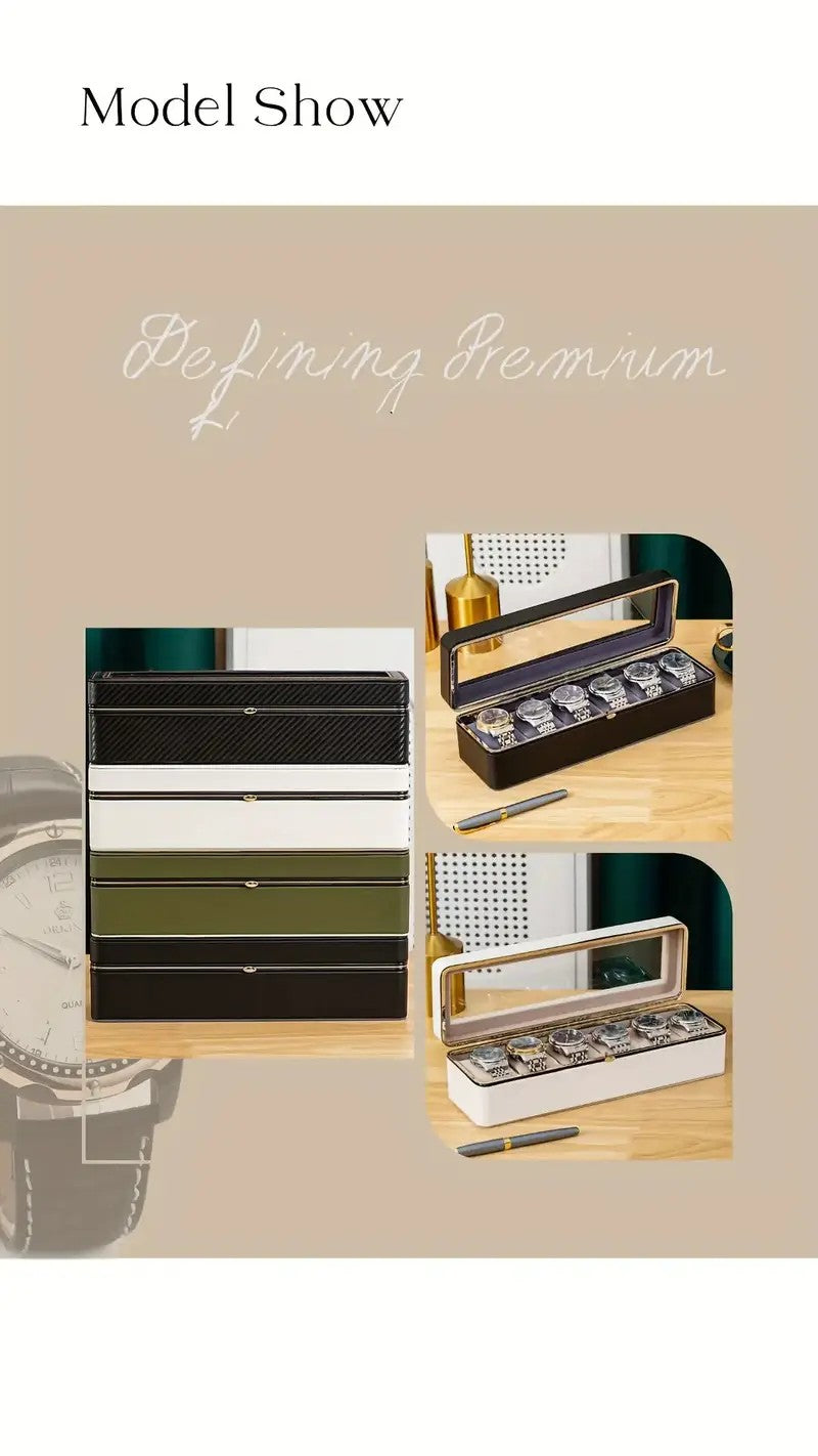 Luxury transparent-lid watch box with 6 fabric-lined compartments, portable and shockproof design, suitable for both men and women. Ideal for home, travel, or gifting—a refined storage solution for fine watches and jewelry. (Black)