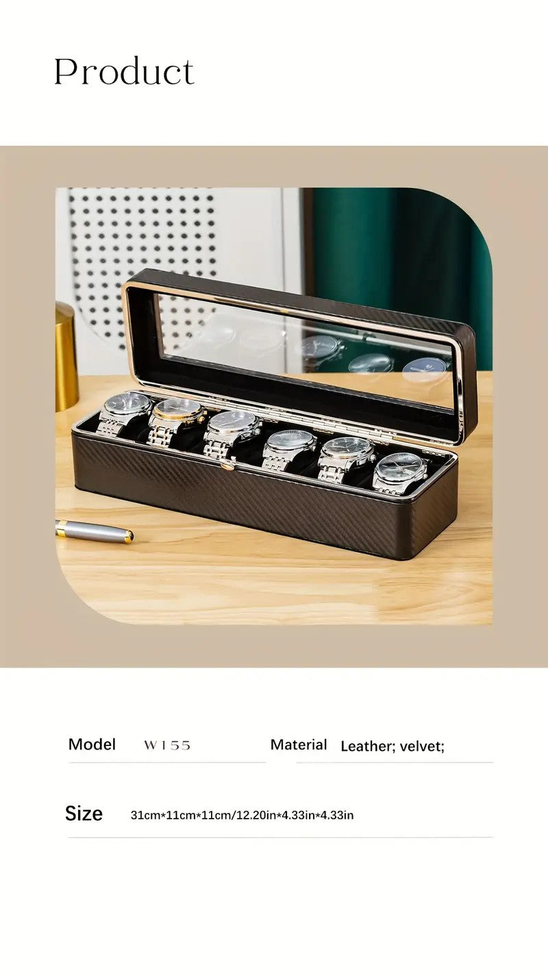 Luxury transparent-lid watch box with 6 fabric-lined compartments, portable and shockproof design, suitable for both men and women. Ideal for home, travel, or gifting—a refined storage solution for fine watches and jewelry. (Black)