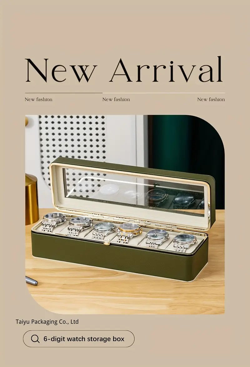 Luxury transparent-lid watch box with 6 fabric-lined compartments, portable and shockproof design, suitable for both men and women. Ideal for home, travel, or gifting—a refined storage solution for fine watches and jewelry. (Green)