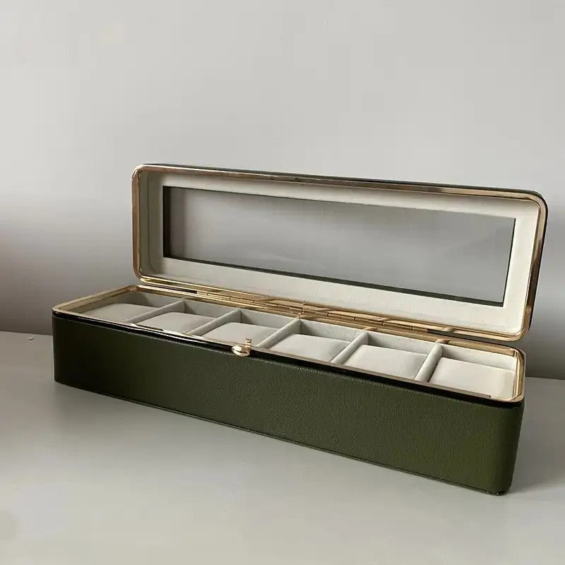 Luxury transparent-lid watch box with 6 fabric-lined compartments, portable and shockproof design, suitable for both men and women. Ideal for home, travel, or gifting—a refined storage solution for fine watches and jewelry. (brown)