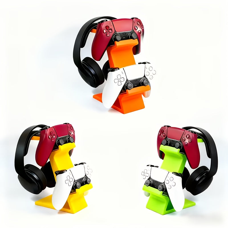 black 3-in-1 PS5 and Xbox Controller Stand – Compatible with PlayStation 5/Xbox Consoles. A gaming desktop organizer with a headphone hanger, non-charging base that holds 2 controllers and headphones. Space-saving white/black console accessory.