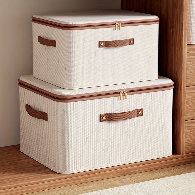 15L Double Zipper Storage Box with Faux Leather Handles | Large Capacity Lidded Basket, Perfect for Storing Clothes, Bedding, and Moving — Ideal for Bedrooms, Dorms, Studies, Wardrobes, Laundry Baskets, Shelf Bins, and Storage Racks.