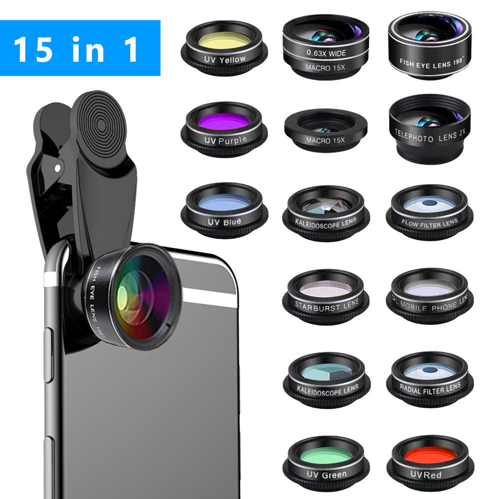 15-in-1 kit with multiple special effects functions, compatible with iPhone and Android smartphones. Includes: 198 fisheye, 0.63x wide angle, 15x macro, 2x telephoto, CPL polarizer, kaleidoscope lens, star filter, mist filter, radial filter, split zone fi