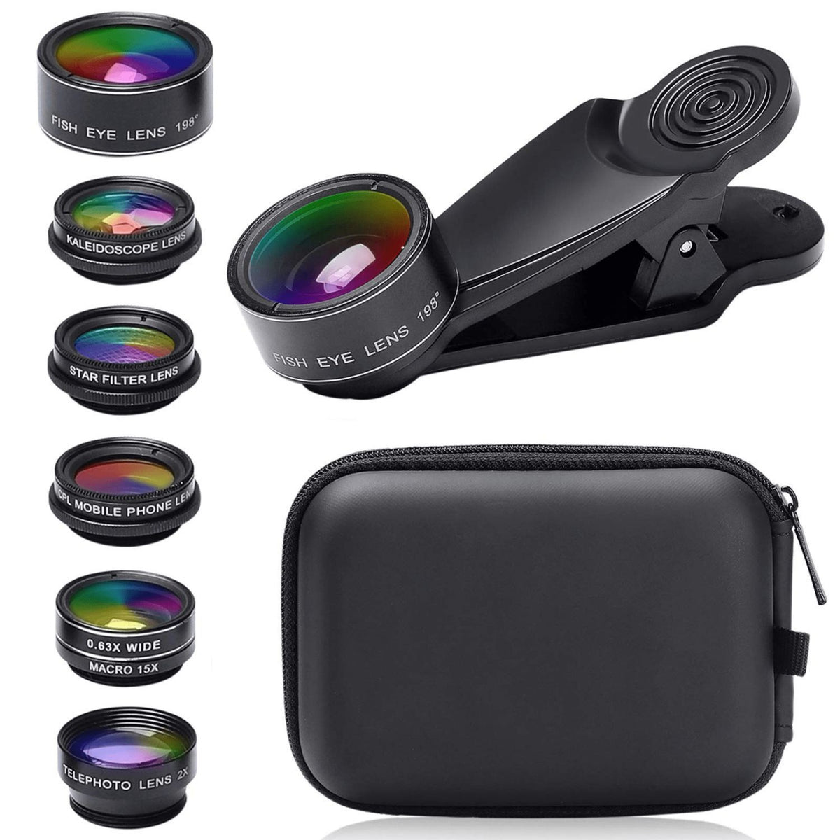 15-in-1 kit with multiple special effects functions, compatible with iPhone and Android smartphones. Includes: 198 fisheye, 0.63x wide angle, 15x macro, 2x telephoto, CPL polarizer, kaleidoscope lens, star filter, mist filter, radial filter, split zone fi