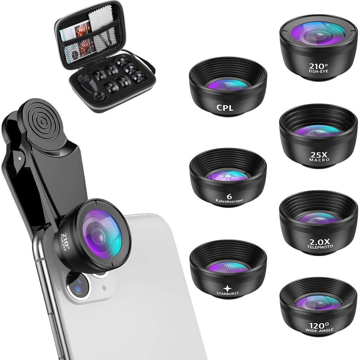 15-in-1 kit with multiple special effects functions, compatible with iPhone and Android smartphones. Includes: 198 fisheye, 0.63x wide angle, 15x macro, 2x telephoto, CPL polarizer, kaleidoscope lens, star filter, mist filter, radial filter, split zone fi
