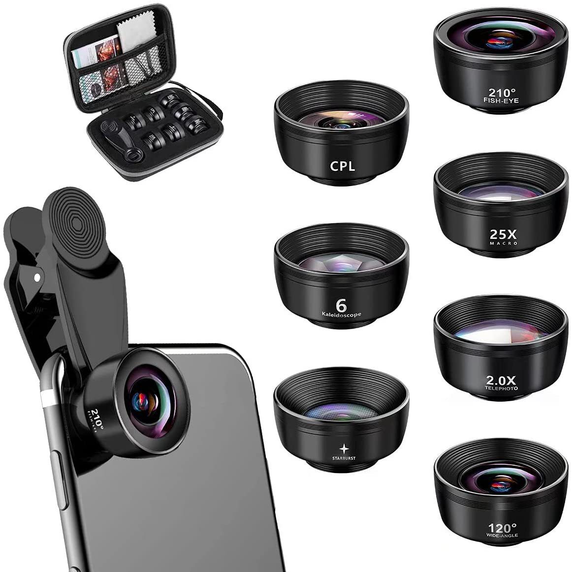 15-in-1 kit with multiple special effects functions, compatible with iPhone and Android smartphones. Includes: 198 fisheye, 0.63x wide angle, 15x macro, 2x telephoto, CPL polarizer, kaleidoscope lens, star filter, mist filter, radial filter, split zone fi