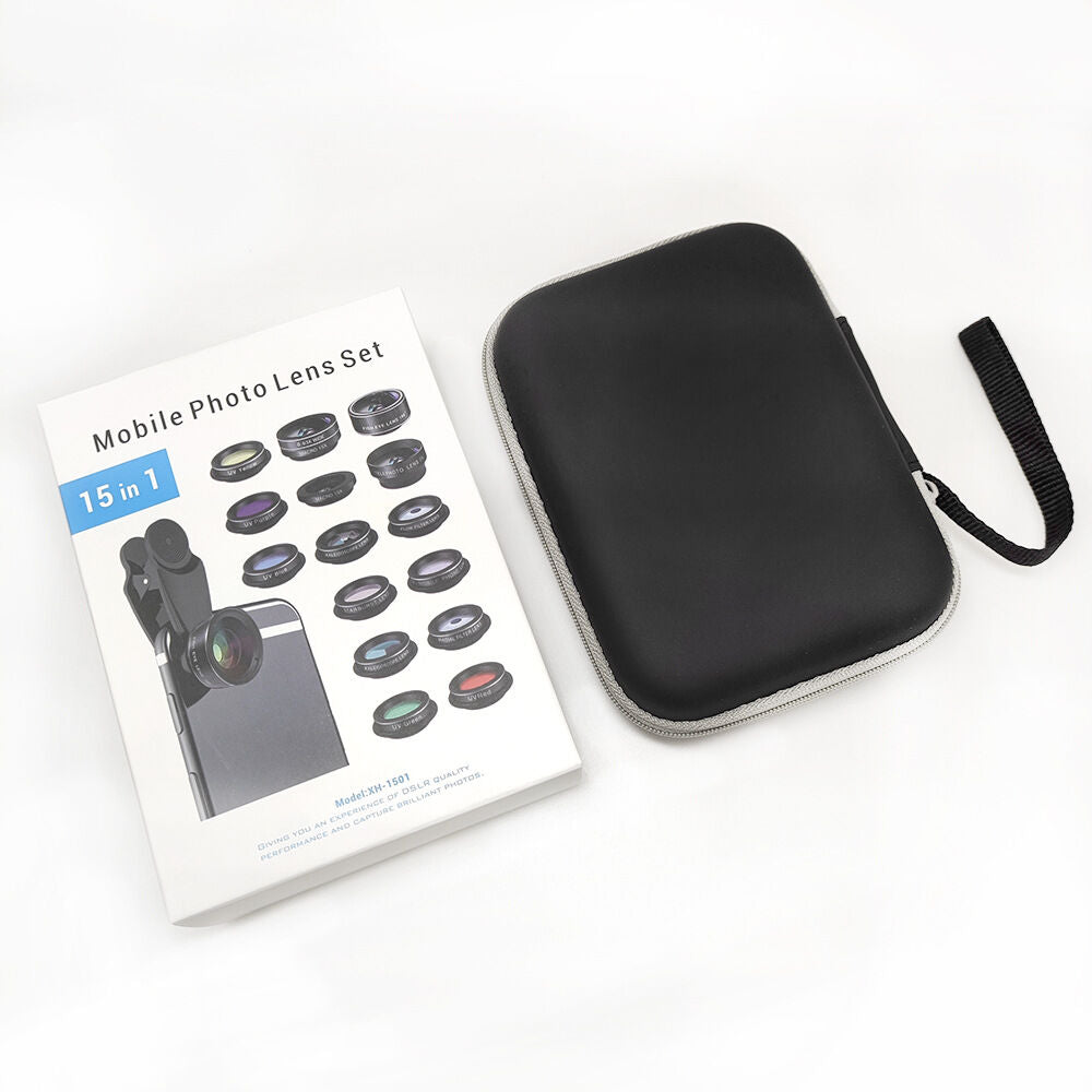 15-in-1 kit with multiple special effects functions, compatible with iPhone and Android smartphones. Includes: 198 fisheye, 0.63x wide angle, 15x macro, 2x telephoto, CPL polarizer, kaleidoscope lens, star filter, mist filter, radial filter, split zone fi