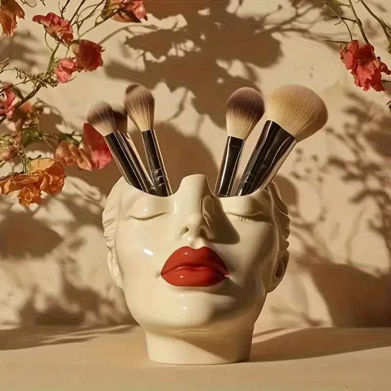 Gazing Muse — "Hands-on Beauty" Resin Brush Holder with Sculpted Bust Design.1 Piece Elegant Resin Makeup Brush Holder with Red Lips Design - Lightweight Synthetic Cosmetics Organizer Box, Standalone Desktop Storage Case for Bathroom or Dressing Table