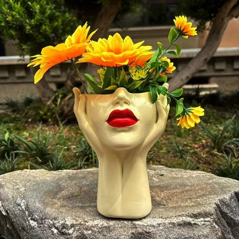 Gazing Muse — "Hands-on Beauty" Resin Brush Holder with Sculpted Bust Design.1 Piece Elegant Resin Makeup Brush Holder with Red Lips Design - Lightweight Synthetic Cosmetics Organizer Box, Standalone Desktop Storage Case for Bathroom or Dressing Table