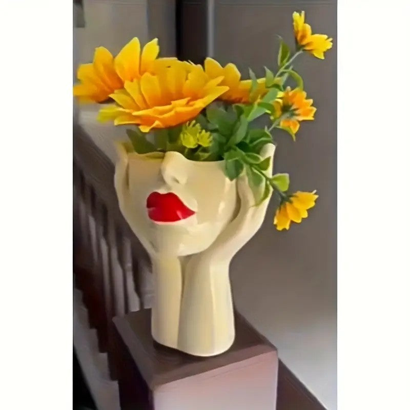 Gazing Muse — "Hands-on Beauty" Resin Brush Holder with Sculpted Bust Design.1 Piece Elegant Resin Makeup Brush Holder with Red Lips Design - Lightweight Synthetic Cosmetics Organizer Box, Standalone Desktop Storage Case for Bathroom or Dressing Table