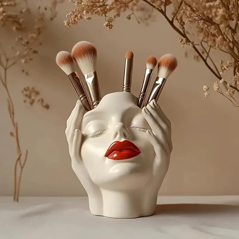 Lip's Whisper, Light's Embrace" — Sculptural Resin Vanity Brush Holder with Red Accent.1 Piece Elegant Resin Makeup Brush Holder with Red Lips Design - Lightweight Synthetic Cosmetics Organizer Box, Standalone Desktop Storage Case for Bathroom or Dressing