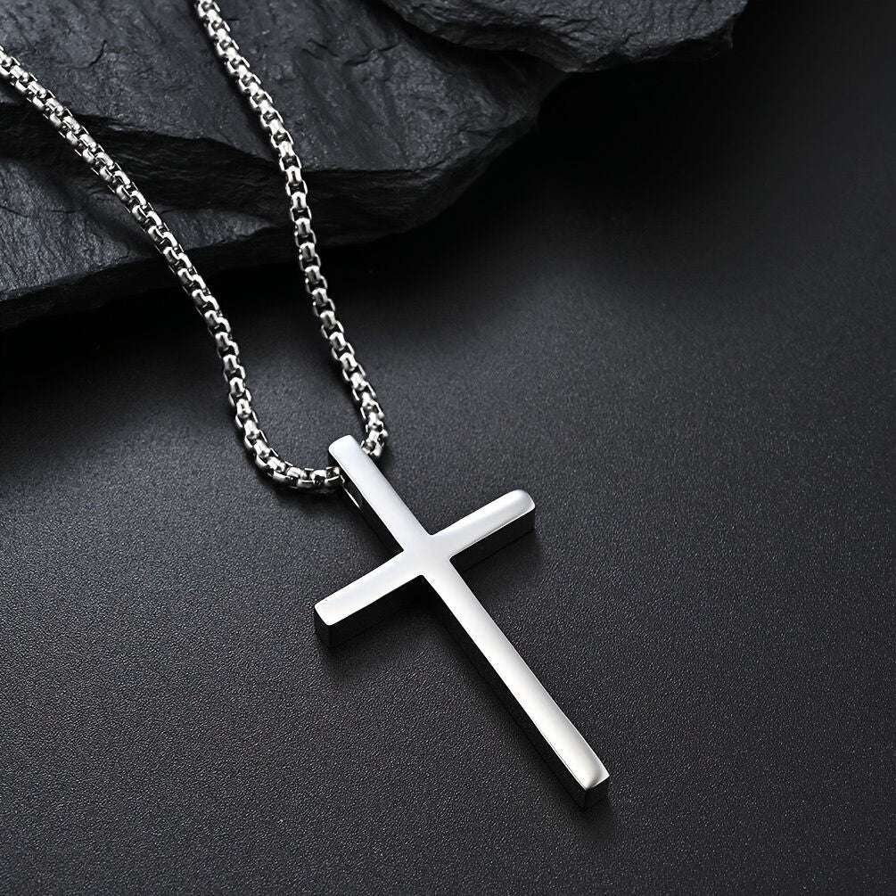 Titanium Steel Silver Men's Necklace, minimalist design, suitable for both men and women. Cross pendant style, religious-themed jewelry, showcasing unique faith and taste. Spiritual accessory, faith jewelry, minimalist design, contemporary jewelry, high-q