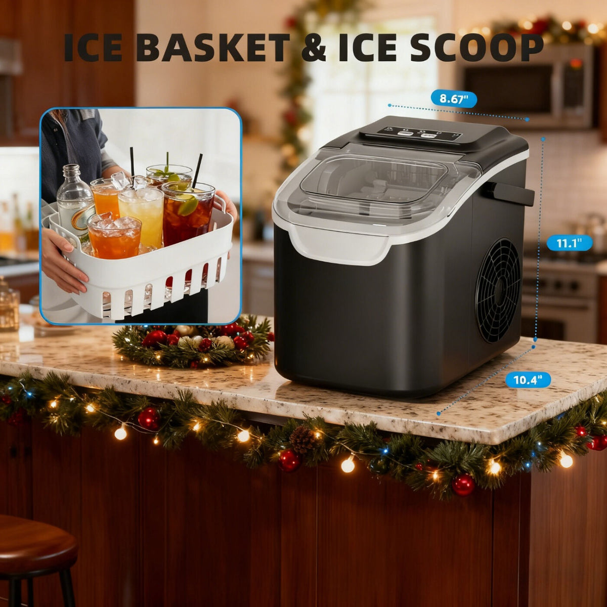Desktop Ice Maker, Produces Ice in 6 Minutes with a Capacity of 26 Pounds, Energy-Saving 30% and Operating Noise Below 40 Decibels, Portable Ice Maker with Built-in Ice Basket, Suitable for Home and Camping.(BLACK)