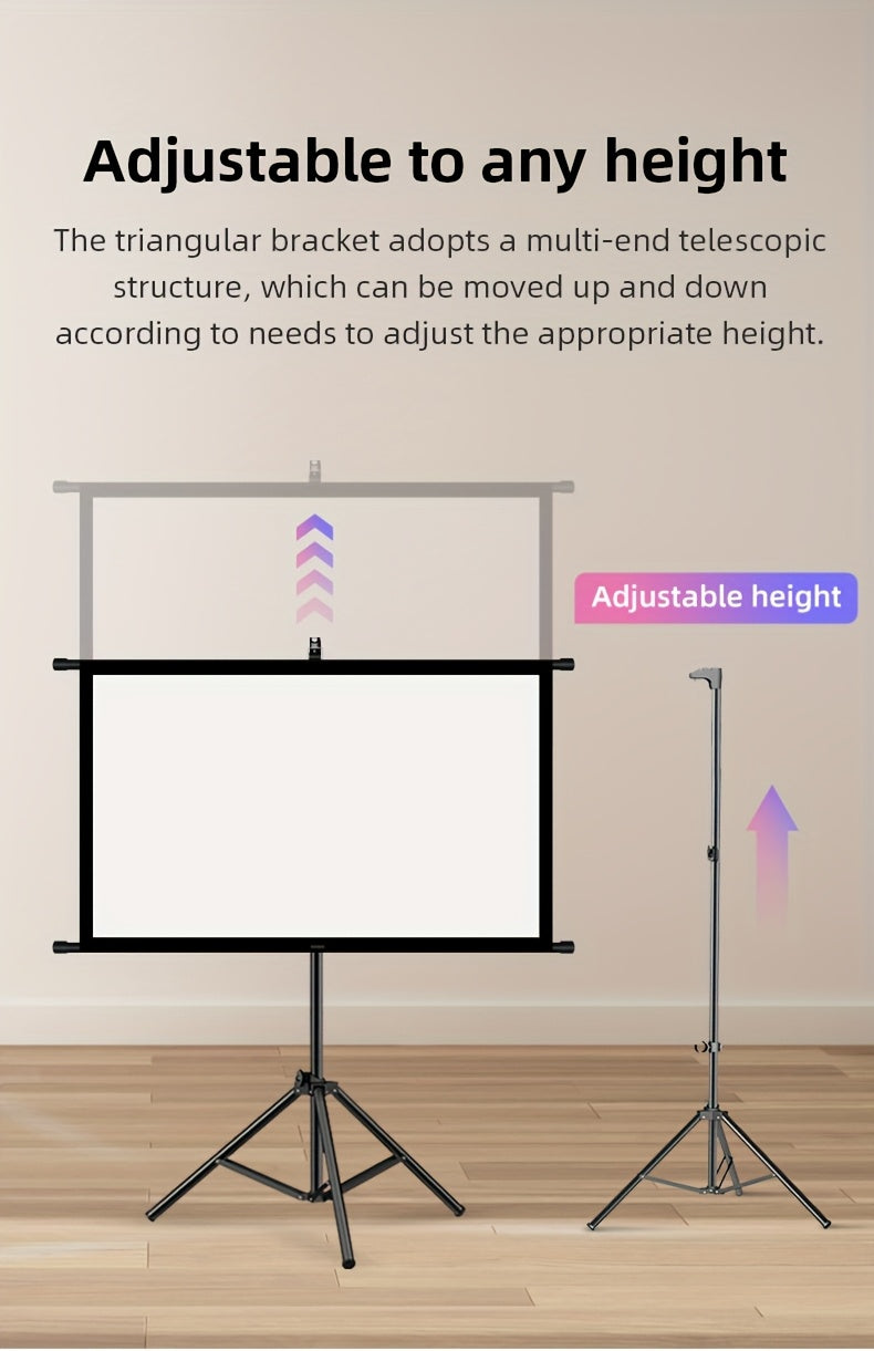 60in Portable and mobile projection screen with tripod stand, 16:9 HD format, suitable for home theater and indoor wall mounting. Made of polyester fabric, easy to set up and use. Ideal for office presentations and home entertainment, ready to use right o