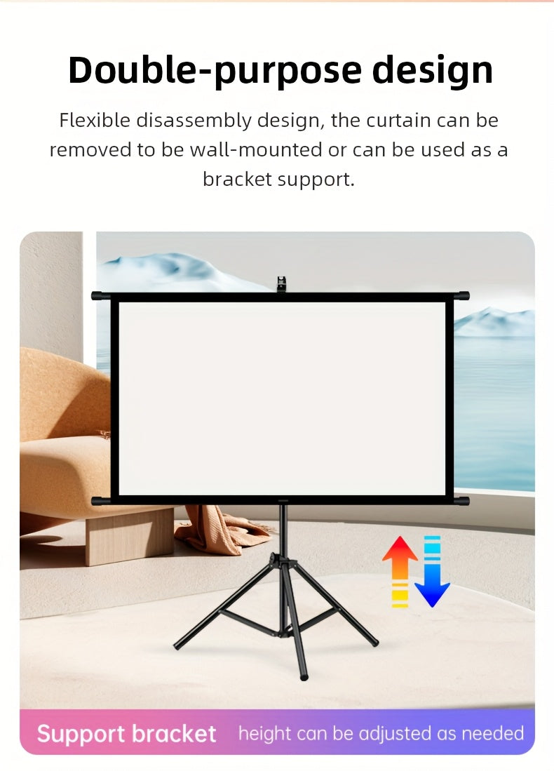 60in Portable and mobile projection screen with tripod stand, 16:9 HD format, suitable for home theater and indoor wall mounting. Made of polyester fabric, easy to set up and use. Ideal for office presentations and home entertainment, ready to use right o