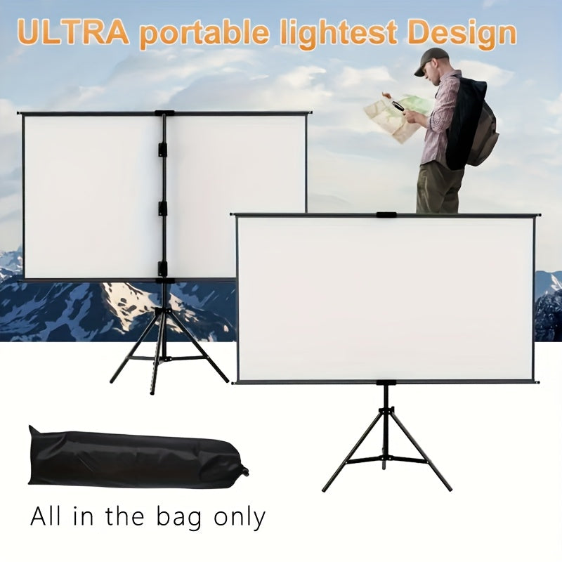72in Portable and mobile projection screen with tripod stand, 16:9 HD format, suitable for home theater and indoor wall mounting. Made of polyester fabric, easy to set up and use. Ideal for office presentations and home entertainment, ready to use right o