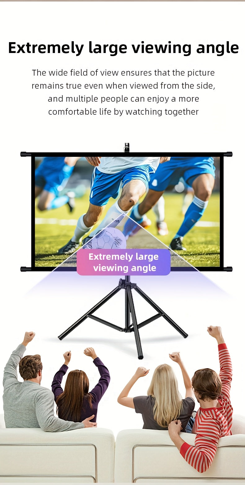 72in Portable and mobile projection screen with tripod stand, 16:9 HD format, suitable for home theater and indoor wall mounting. Made of polyester fabric, easy to set up and use. Ideal for office presentations and home entertainment, ready to use right o