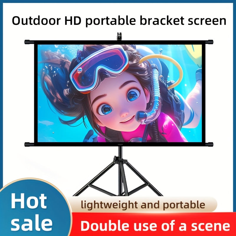 72in Portable and mobile projection screen with tripod stand, 16:9 HD format, suitable for home theater and indoor wall mounting. Made of polyester fabric, easy to set up and use. Ideal for office presentations and home entertainment, ready to use right o