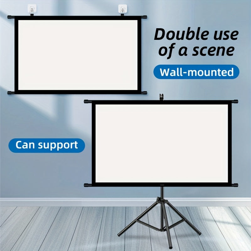 84inPortable and mobile projection screen with tripod stand, 16:9 HD format, suitable for home theater and indoor wall mounting. Made of polyester fabric, easy to set up and use. Ideal for office presentations and home entertainment, ready to use right ou