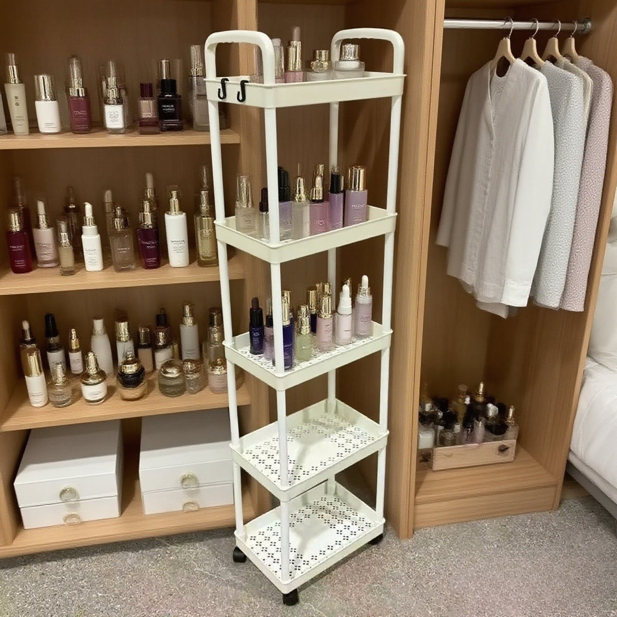 Five-Tier Rolling Cosmetics Storage Rack - Made of durable plastic, equipped with 360-degree swivel casters, strong load-bearing capacity - Suitable for bathroom, bedroom, kitchen, and home storage | BLACK