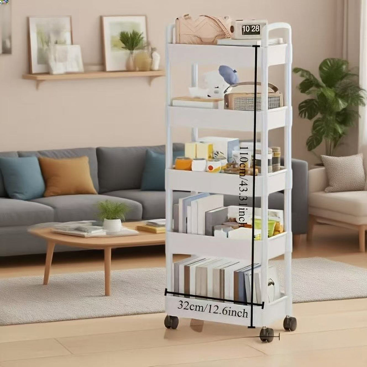 Five-Tier Rolling Cosmetics Storage Rack - Made of durable plastic, equipped with 360-degree swivel casters, strong load-bearing capacity - Suitable for bathroom, bedroom, kitchen, and home storage | BLACK