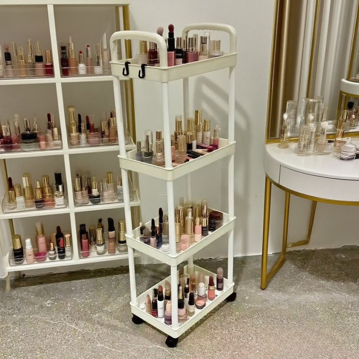 Five-Tier Rolling Cosmetics Storage Rack - Made of durable plastic, equipped with 360-degree swivel casters, strong load-bearing capacity - Suitable for bathroom, bedroom, kitchen, and home storage | BLACK