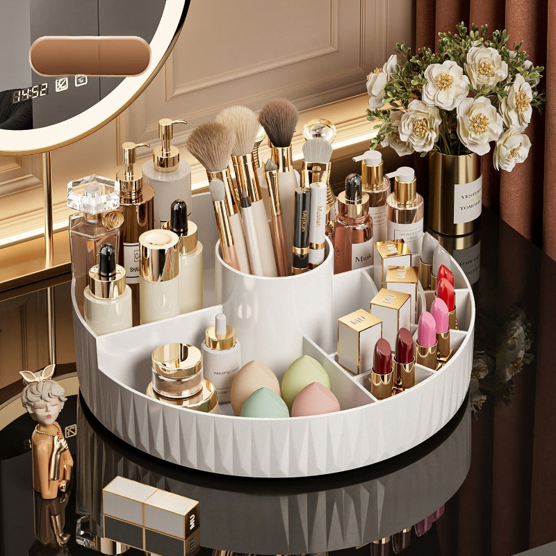 Rotatable Luxury Cosmetic Organizer Desk Large Capacity Skincare Storage Shelf Vanity Tidy Tray Cosmetic Storage Box（cream color）