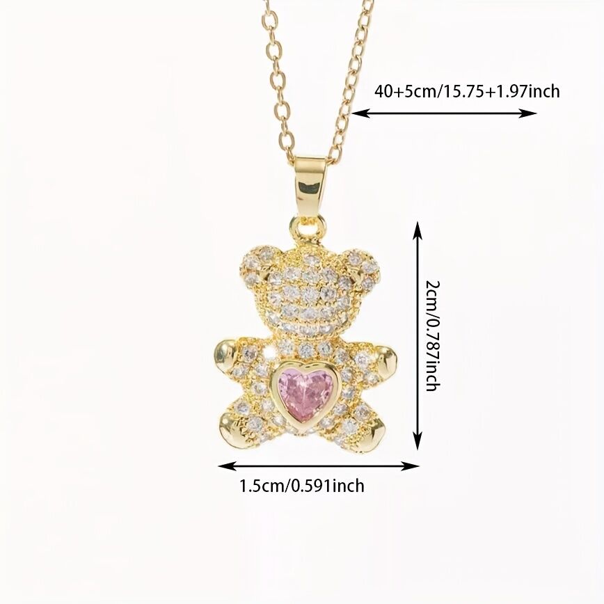 A delicate and adorable pink heart-shaped bear pendant copper necklace, adorned with synthetic zirconia, paired with a stainless steel chain, decorated with synthetic zirconia, perfect as a daily jewelry gift or a sweet and cute party accessory.（gold））