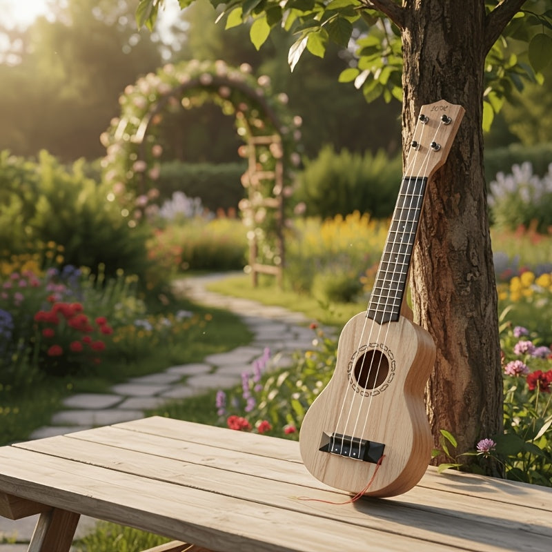 Acacia wood 17-inch Playable Ukulele Mini Guitar, lightweight and portable. Features comfortable nylon strings, includes a pick, and has open-style tuning pegs for precise tuning. Suitable for beginners and music enthusiasts, a popular gift choice for hol