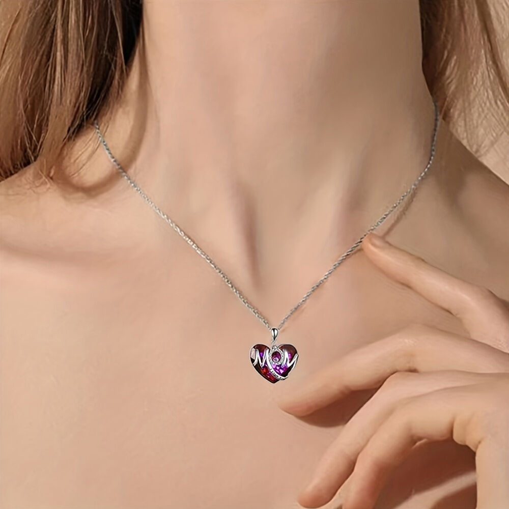 RED Exquisite Heart-shaped Blue Crystal "MOM" Pendant Necklace - Fashionable Women's Mother Necklace, Warm Family Love Jewelry, Romantic Mother's Day Gift