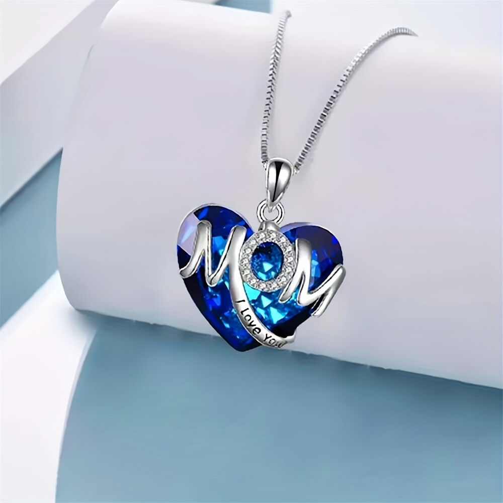 RED Exquisite Heart-shaped Blue Crystal "MOM" Pendant Necklace - Fashionable Women's Mother Necklace, Warm Family Love Jewelry, Romantic Mother's Day Gift