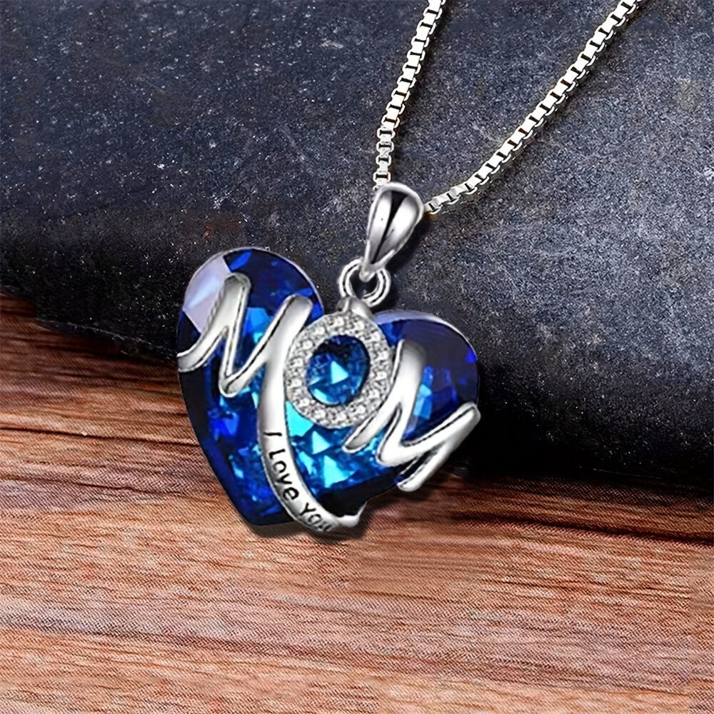 RED Exquisite Heart-shaped Blue Crystal "MOM" Pendant Necklace - Fashionable Women's Mother Necklace, Warm Family Love Jewelry, Romantic Mother's Day Gift