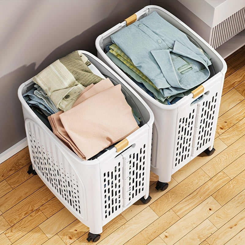 A wheeled foldable plastic laundry basket, suitable for dirty clothes and easy to move. It features a breathable design for convenience and practicality.